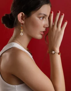 Flash Sale Majorica Algaida Button Golden Earrings With Amber Murano Glass