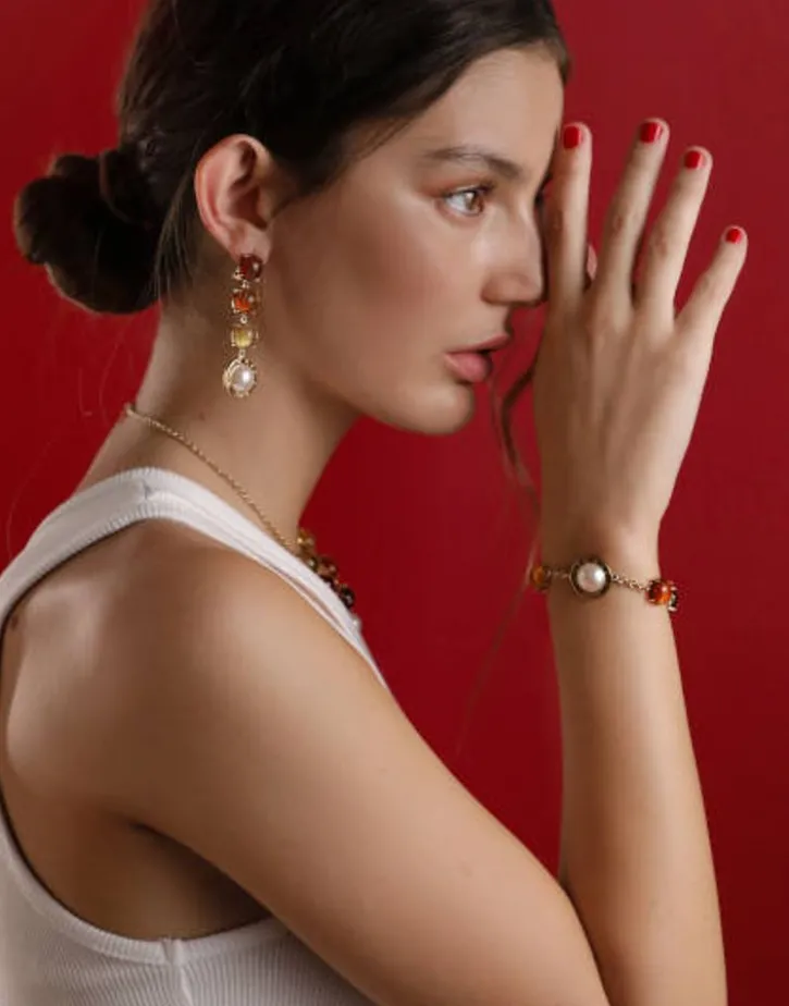 Flash Sale Majorica Algaida Button Golden Earrings With Amber Murano Glass