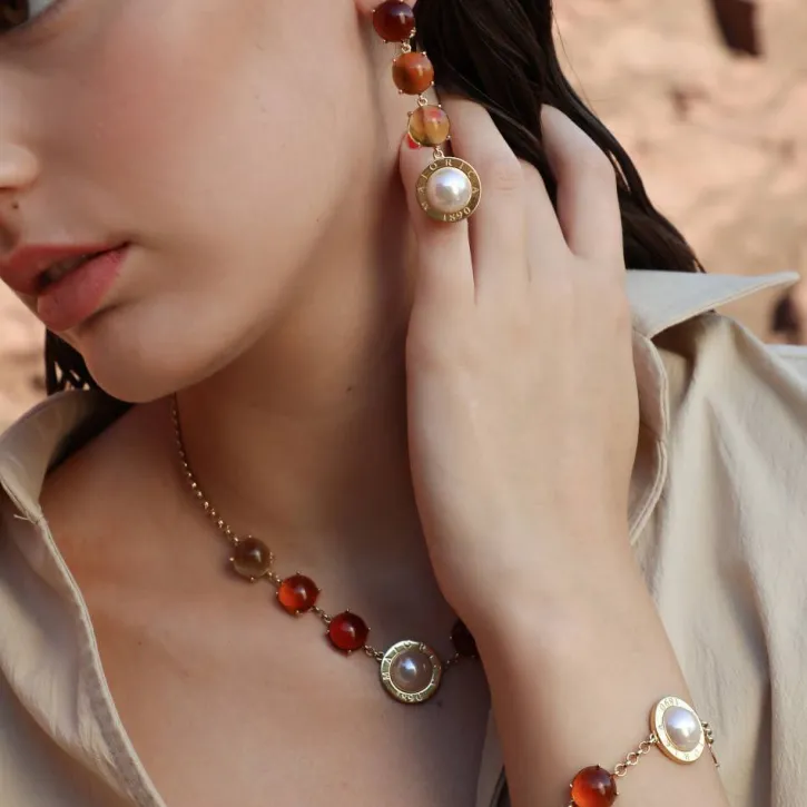 Flash Sale Majorica Algaida Button Golden Earrings With Amber Murano Glass