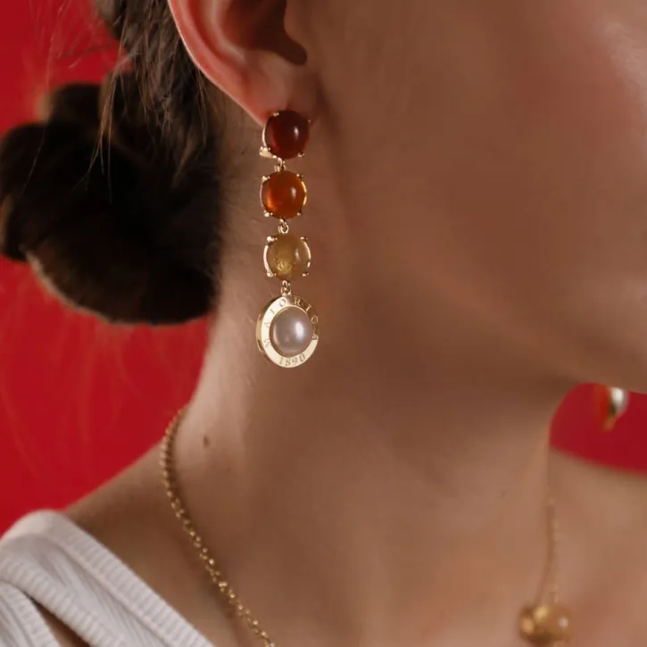 Flash Sale Majorica Algaida Button Golden Earrings With Amber Murano Glass