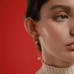 Hot Majorica Algaida Golden Long Earrings With Pearl And Amber Murano Glass