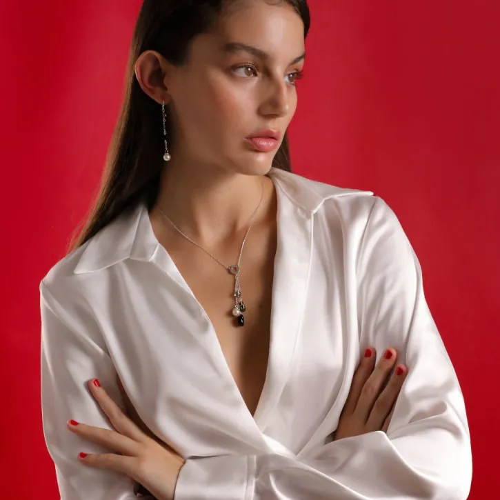 Hot Majorica Algaida Silver Short Necklace With Black Murano Glass