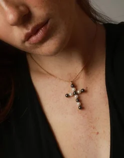Cheap Majorica Crosses Collection Gold Pendant With White And Tahiti Pearl
