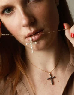 Sale Majorica Crosses Collection Gold Pendant With Gray Pearl