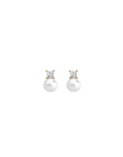 New Majorica Earrings Selene Gold Plated With 8Mm White Pearl And Zircons