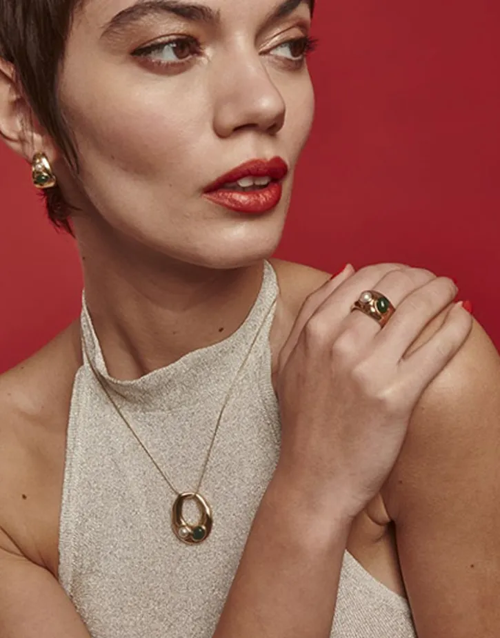 Outlet Majorica Gold Feme Ring With White Pearl And Green Agate