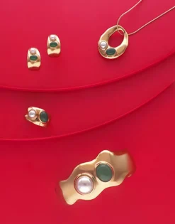 Outlet Majorica Gold Feme Ring With White Pearl And Green Agate