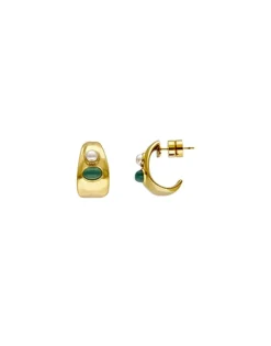 Fashion Majorica Gold Feme Small Hoop Earrings With Pearls And Green Agates