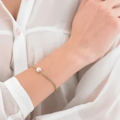 New Majorica Gold Plated Chain Bracelet Nuada In Steel And White Pearl