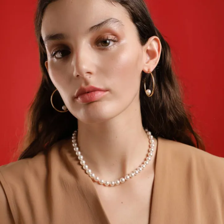 Store Majorica Gold Plated Necklace Lyra With 8Mm White Pearl 40Cm Tab Lock