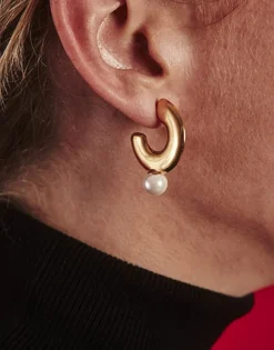 Sale Majorica Juno Medium Hoop Earrings In Gold Steel And Pearl