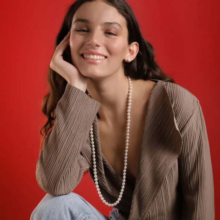 Store Majorica Long Silver Necklace Lyra 8Mm White Pearl 80Cm