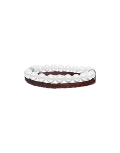 New Majorica Sailor Bracelet In Steel, Brown Leather And White Pearl 21Cm