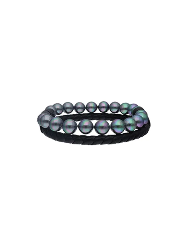 Clearance Majorica Sailor Bracelet In Steel, Leather And Grey Pearl 22Cm