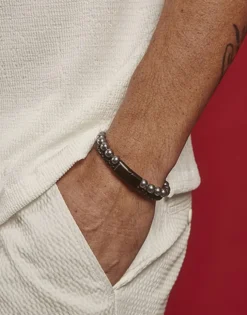 Clearance Majorica Sailor Bracelet In Steel, Leather And Grey Pearl 22Cm