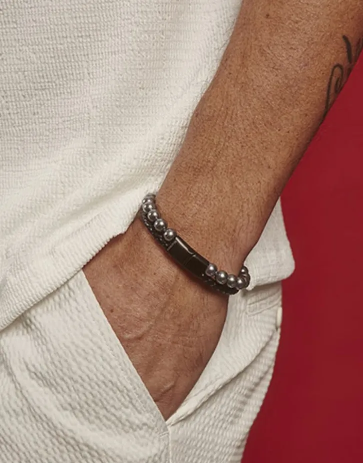 Clearance Majorica Sailor Bracelet In Steel, Leather And Grey Pearl 22Cm