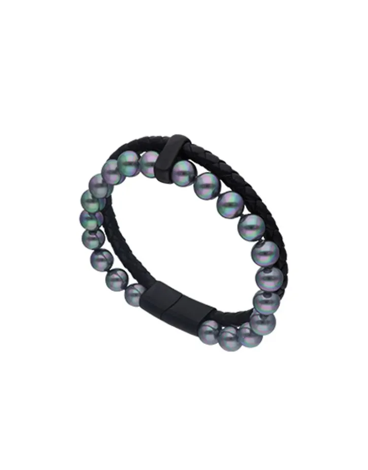 Clearance Majorica Sailor Bracelet In Steel, Leather And Grey Pearl 22Cm