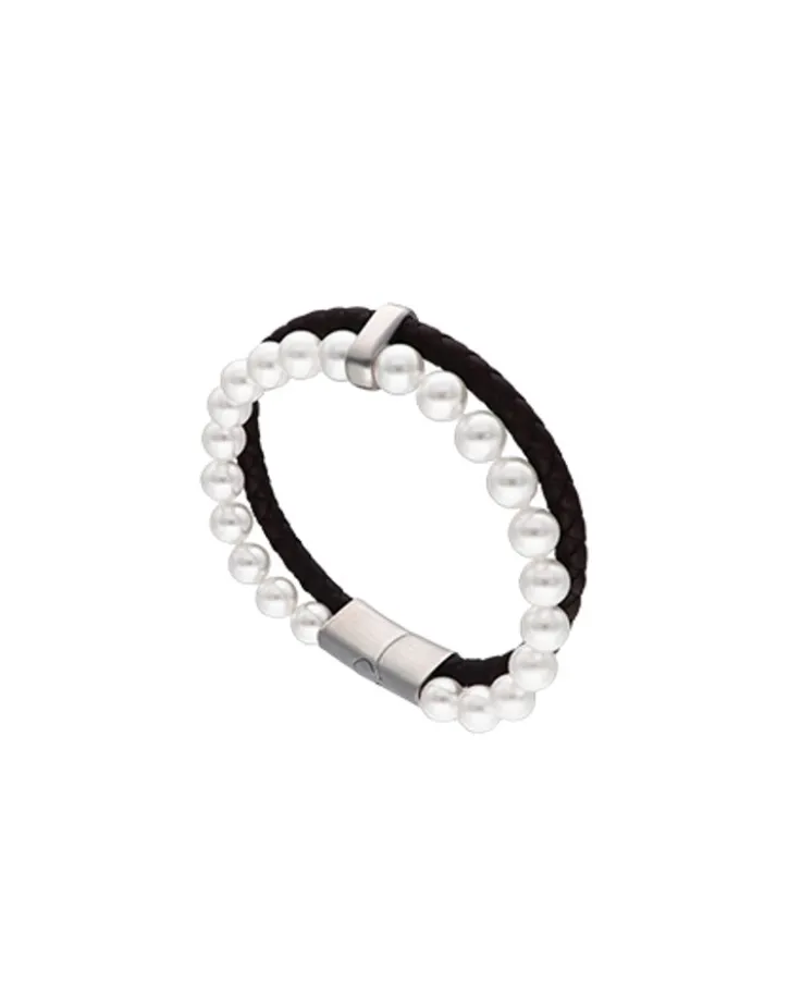 Shop Majorica Sailor Bracelet In Steel, Brown Leather And White Pearl 22Cm