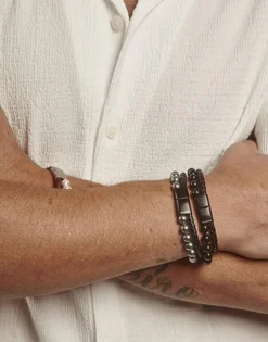 Clearance Majorica Sailor Bracelet In Steel, Leather And Black Pearl 22Cm