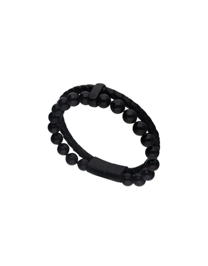 Clearance Majorica Sailor Bracelet In Steel, Leather And Black Pearl 22Cm