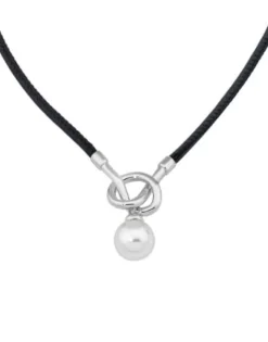 Clearance Majorica Sicilia Leather Necklace With A Silver Knot And A Round Pearl