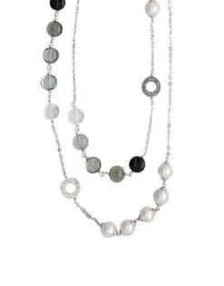 New Majorica Silver Algaida Long Multiposition Necklace With Black Murano Glass